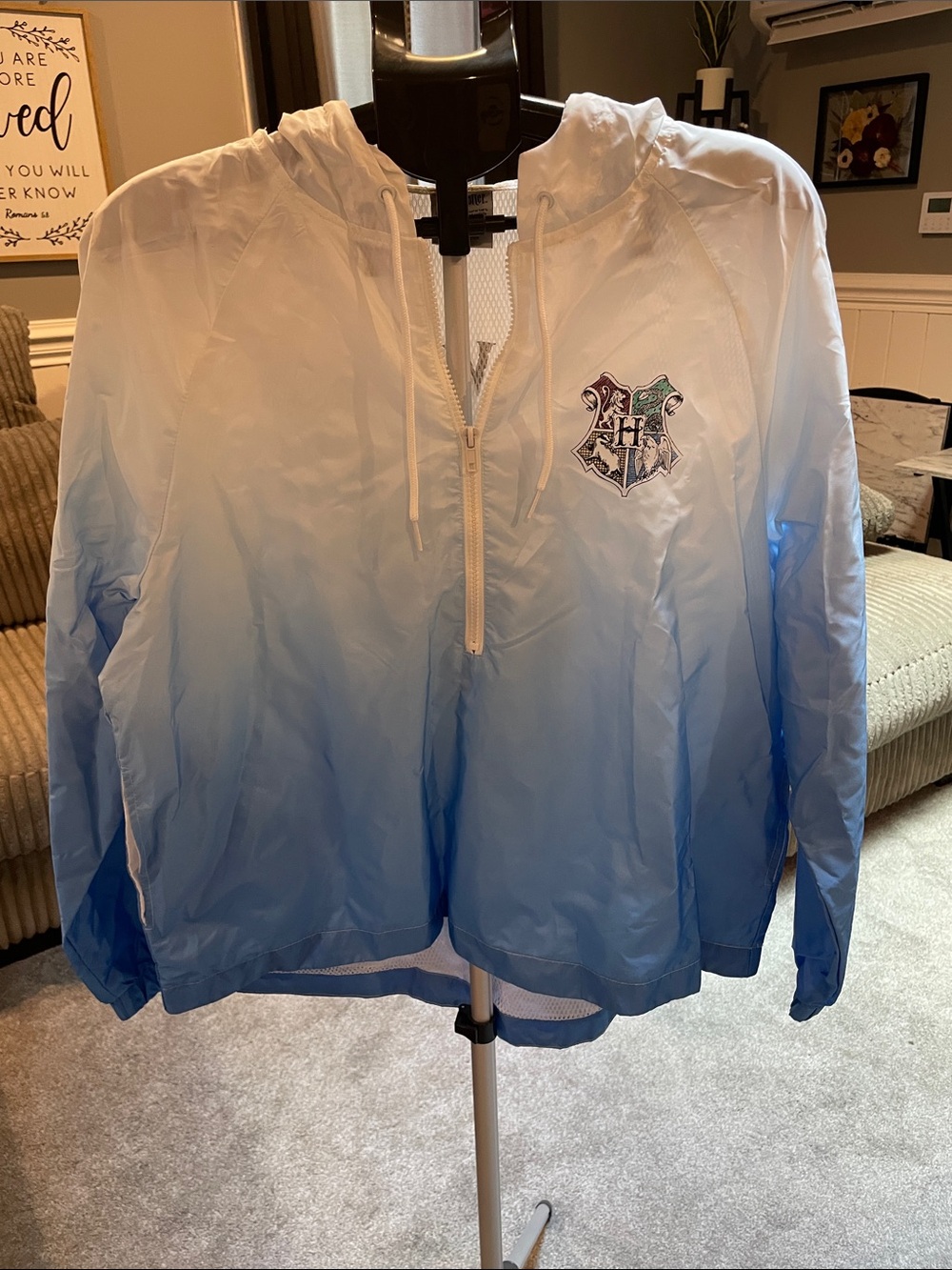 Kohl's White to Light Blue Ombre Hooded Windbreaker with Crest